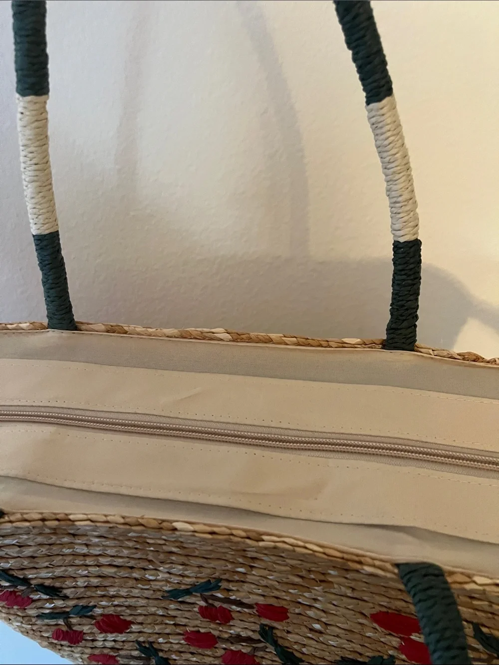 Embroidered Cherry Straw Tote - Natural/Red
